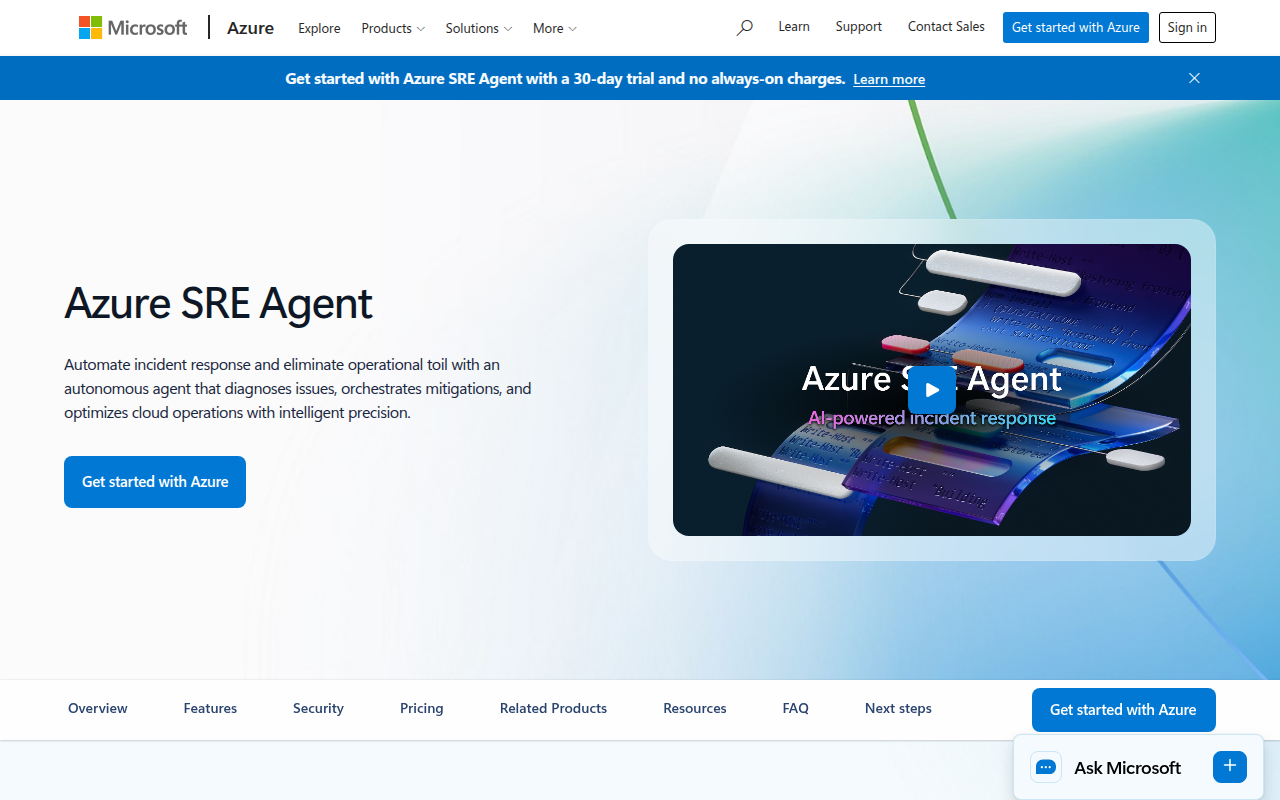 Azure SRE Agent product interface